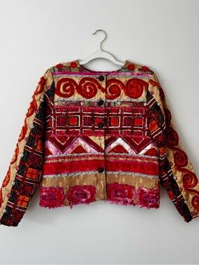 Vintage Sandy Starkman Y2K Embroidered Artisan Patchwork Boho Jacket, Pink – S